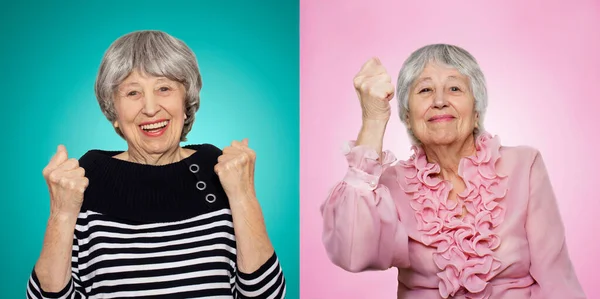 Портрет Удивленной Пожилой Женщины Показывающей Победу Над Студийным Фоном Коллаж — стоковое фото