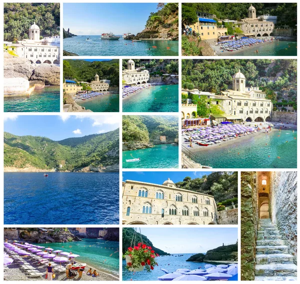 San Fruttuoso Abbey Camogli Liguria Italy Collage — Stock Photo, Image