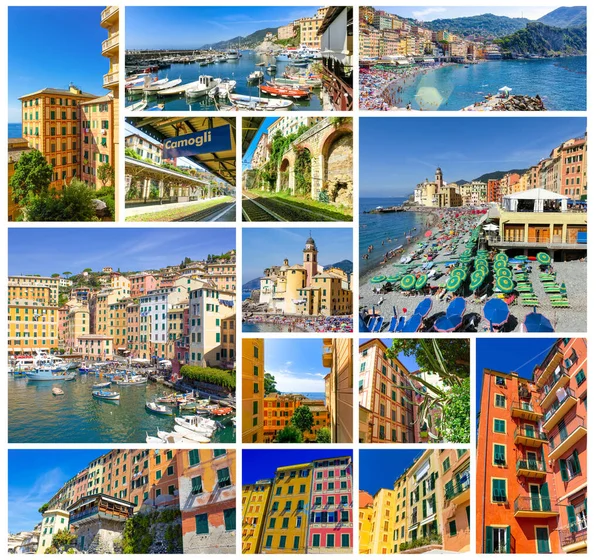 Colorful Buildings Beach Camogli Sunny Summer Day Liguria Italy Collage — Stock Photo, Image