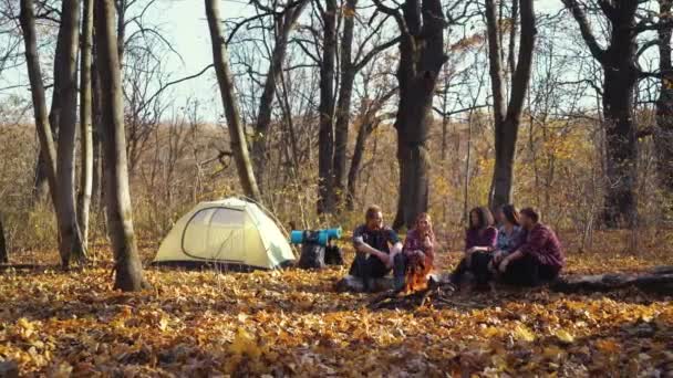 Sonbahar ormanlarında kamp ateşinin yanında oturan bir grup yürüyüşçü. — Stok video