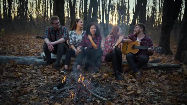Szczęśliwi turyści relaksujący się przy ognisku przy gitarze o zachodzie słońca — Wideo stockowe