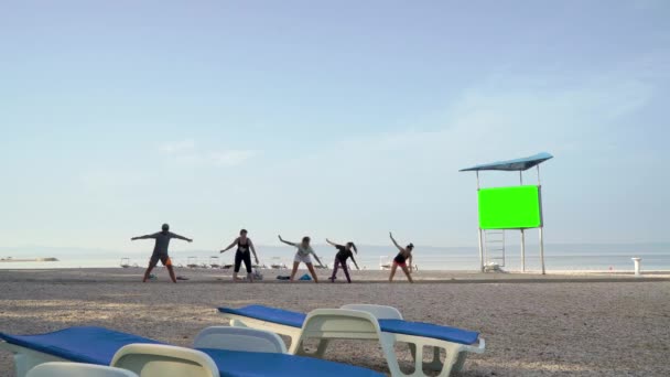 午前中に小石のビーチでヨガを練習するアスリートのグループ — ストック動画