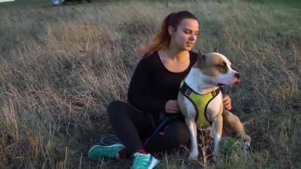 Mutlu kız ve Amerikan Staffordshire teriyeri gün batımında kırsalda dinleniyorlar. — Stok video