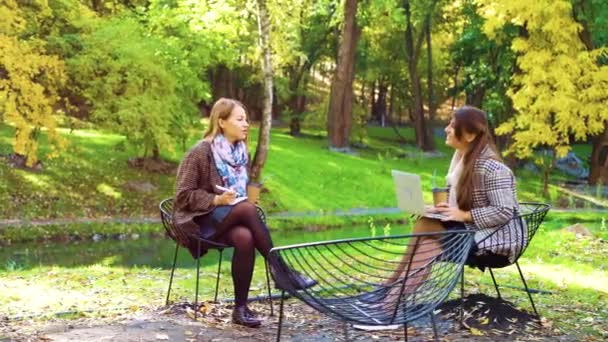 Självsäkra snygga tjejer som har affärsmöte i höstparken — Stockvideo