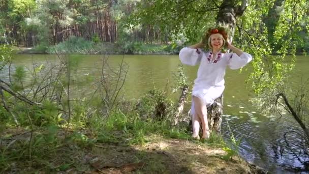 川の近くの白樺の木に傾いている民族ウクライナの衣装の美しい女性 — ストック動画