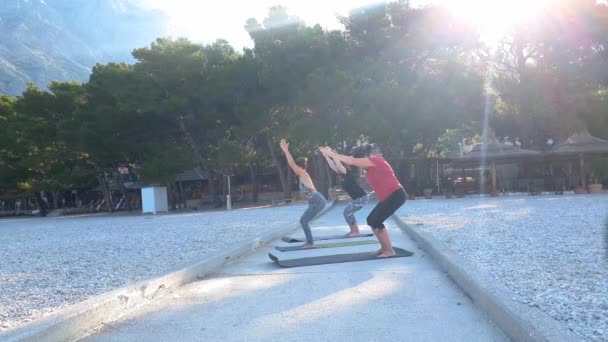 Grupp kvinnor som utövar yoga tidigt på morgonen på stranden — Stockvideo