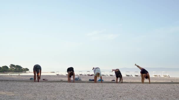 Grupo de atletas equilibrando na aula de ioga na praia de seixos — Vídeo de Stock