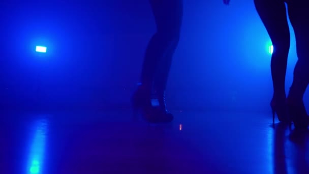 Sisli gece kulübünde dans eden yüksek topuklu seksi kızların siluetleri. — Stok video