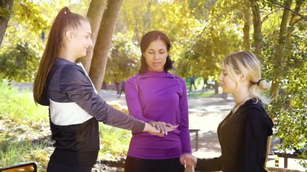 Amigos felices uniendo sus manos en el entrenamiento en el parque de otoño — Vídeo de stock