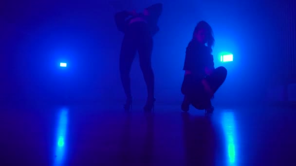 Chicas sexy en tacones altos y trajes tentadores bailando en club nocturno de niebla — Vídeo de stock