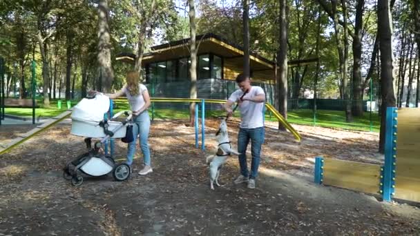 Lycklig ung familj som har roligt med hunden Jack Russell Terrier på lekplatsen — Stockvideo