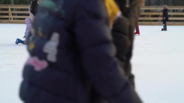 Families with children skating on ice rink — ストック動画