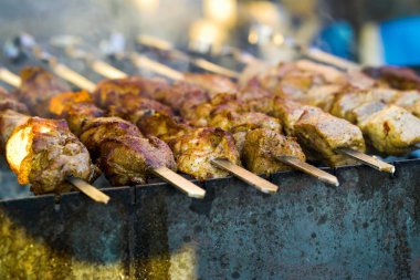 Barbekü partisinde domuz eti kızartıyorum.