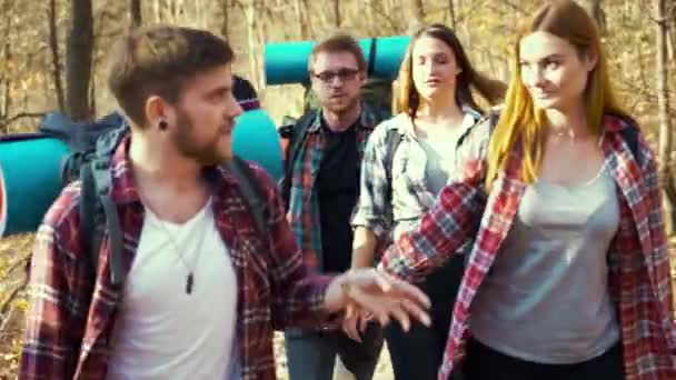 Активные молодые туристы, путешествующие пешком в осеннем лесу — стоковое видео