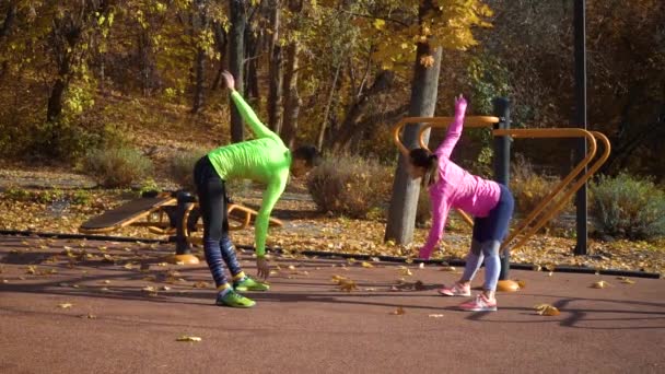 Счастливая семья, растянувшаяся на спортивной площадке в солнечный день осенью — стоковое видео
