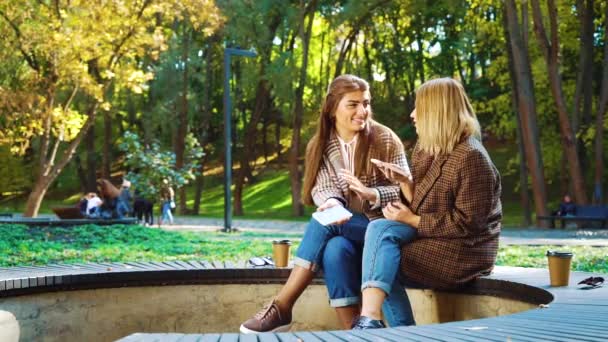 Zakelijke vrouwen ontmoeten elkaar in prachtig park — Stockvideo