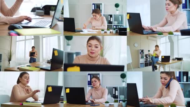 Collage of young business woman working in office — Stockvideo