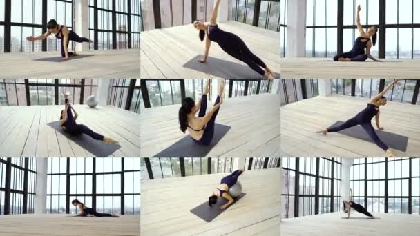 Collage van atletisch meisje oefenen pilates in de studio — Stockvideo