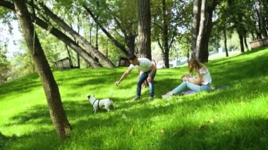 Happy young parents relaxing in summer park with baby and dog
