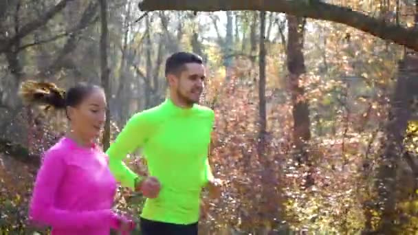 Jovem casal ativo jogging fora no outono — Vídeo de Stock