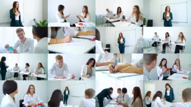 Set of college students and teacher in class