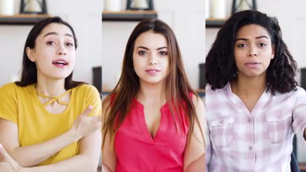 Set 3 en 1 enojado multirracial niñas mirando a la cámara y expresando negatividad — Vídeo de stock