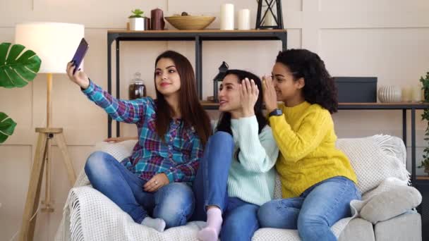 Amiable multiracial girls live streaming from home using smartphone — Wideo stockowe