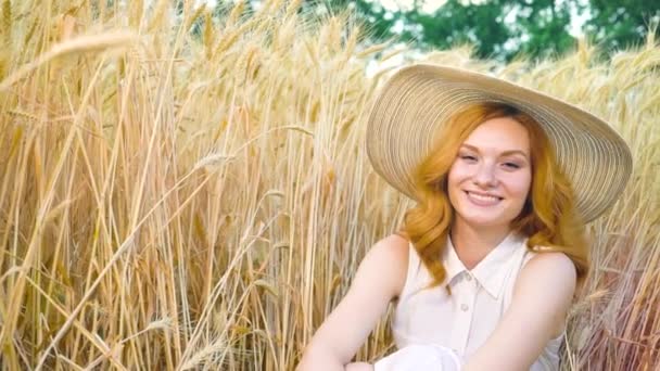 Chica romántica con el pelo rojo sentado en el campo de trigo — Vídeos de Stock