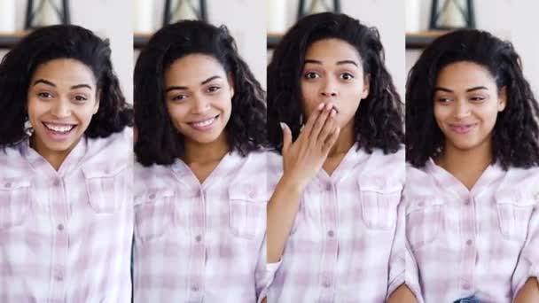 Set 4 en 1 emocional negro chica expresando diferentes sentimientos en la cámara — Vídeos de Stock
