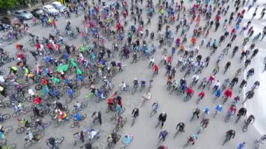Kharkiv, Ukraine - May 20, 2017: aerial approach of cyclists at bike tour