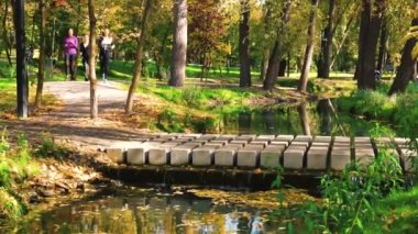 Young fit girls running over cement bridge in park