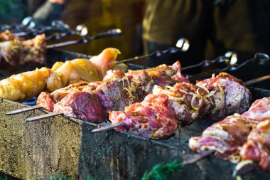 Dışarıda ızgara domuz ve tavuk eti var.