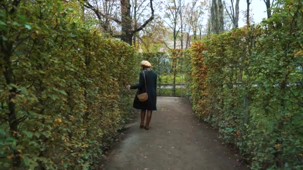 Самотня дівчина проводить дозвілля в садовому лабіринті восени — стокове відео