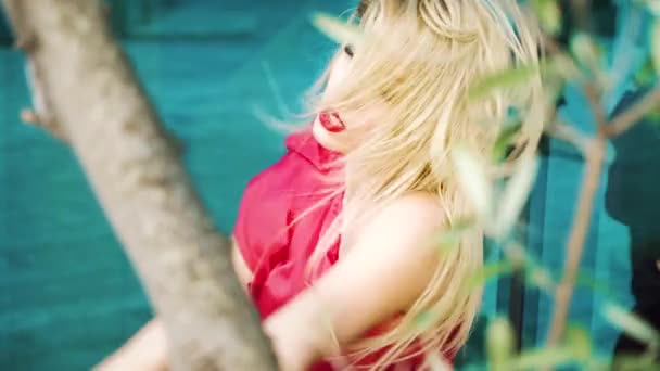 Vy över söt blond dam i röd dans bakom trädgrenar utomhus — Stockvideo