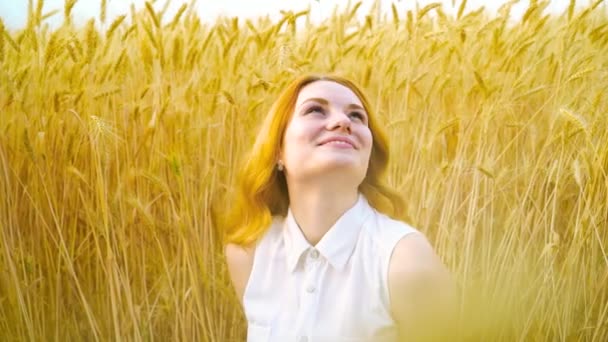 Χαμογελώντας κόκκινα μαλλιά κορίτσι ονειροπολώντας στον τομέα του σιταριού κατά την εποχή της συγκομιδής — Αρχείο Βίντεο