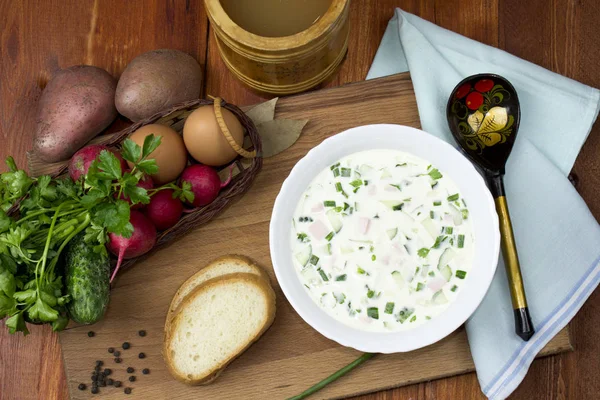 Sopa fria com soro de leite e pão branco, okroshka — Fotografia de Stock