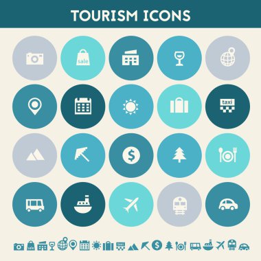 Turizm Icon set. Çok renkli düz düğmeleri