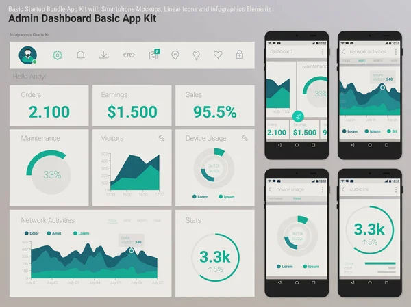 Diseño plano Admin Dashboard UI aplicación móvil — Archivo Imágenes Vectoriales