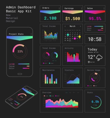 Düz tasarım duyarlı Admin Dashboard UI mobil uygulamaları