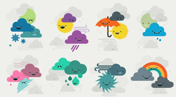 Χαριτωμένο καιρικές συνθήκες emojis χαρακτήρες συλλογή — Διανυσματικό Αρχείο