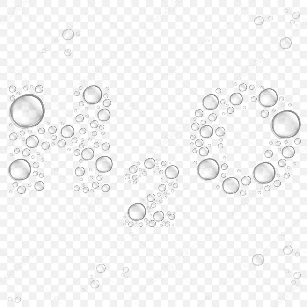 Transparent water drops forming the word H2O