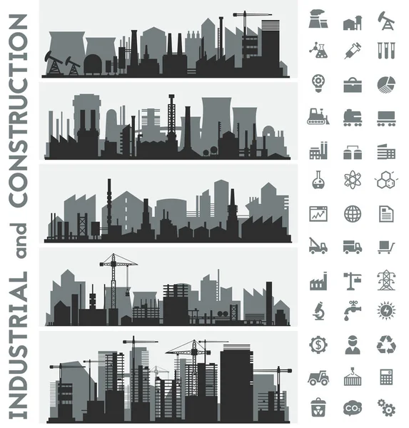 工业城市天际线带有图标集 — 图库矢量图片