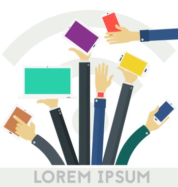 Wi-Fi ve sosyal ağ kavramı afiş. İşadamlarından akıllı telefonlar ve tabletler tutan eller