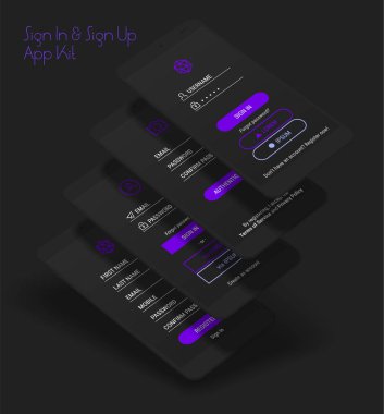 Trendy 3d duyarlı mobil UI Şablonlar / oturum açma ve kayıt mobil uygulaması şablonu koyu