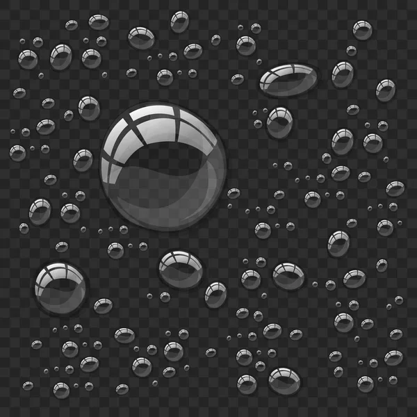 Прозорі Краплі Води Ізольовані Темному Прозорому Фоні — стоковий вектор