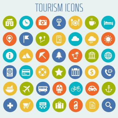 Seyahat ve Turizm işaretleri renkli simgeler kümesi