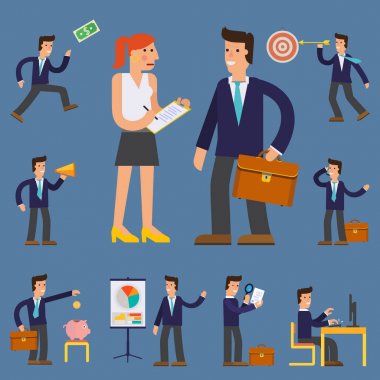 İşadamları çizgi film karakterleri mavi arka plan üzerinde vektör çizim