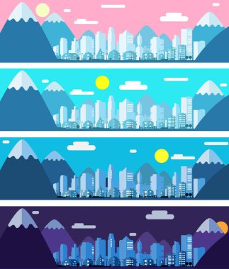 günün farklı zaman şehir manzarası ile dört afiş