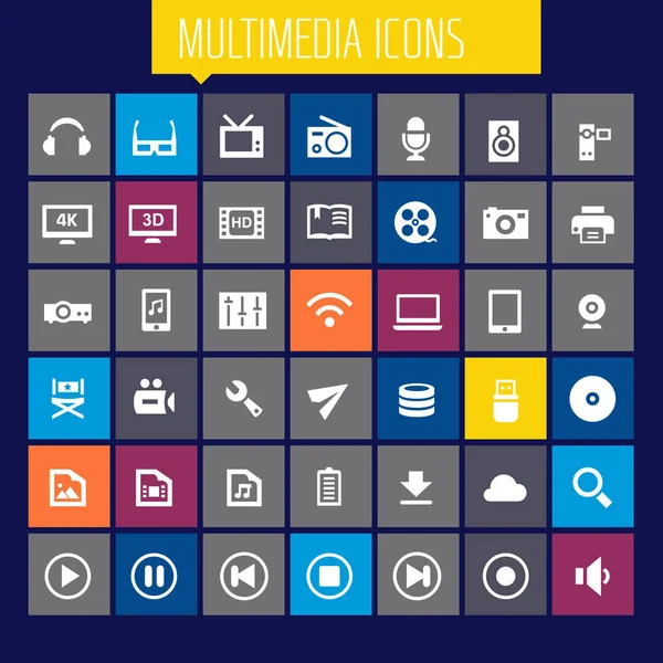 Set Colorful Flat Design Multimedia Icons Dark Background — Stock Vector