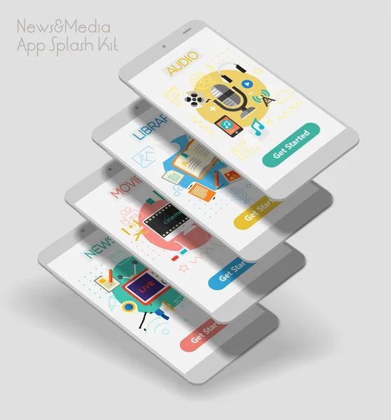 Design Plat Réactif Sources Multimédia Mobile App Splash Écrans Modèle — Image vectorielle